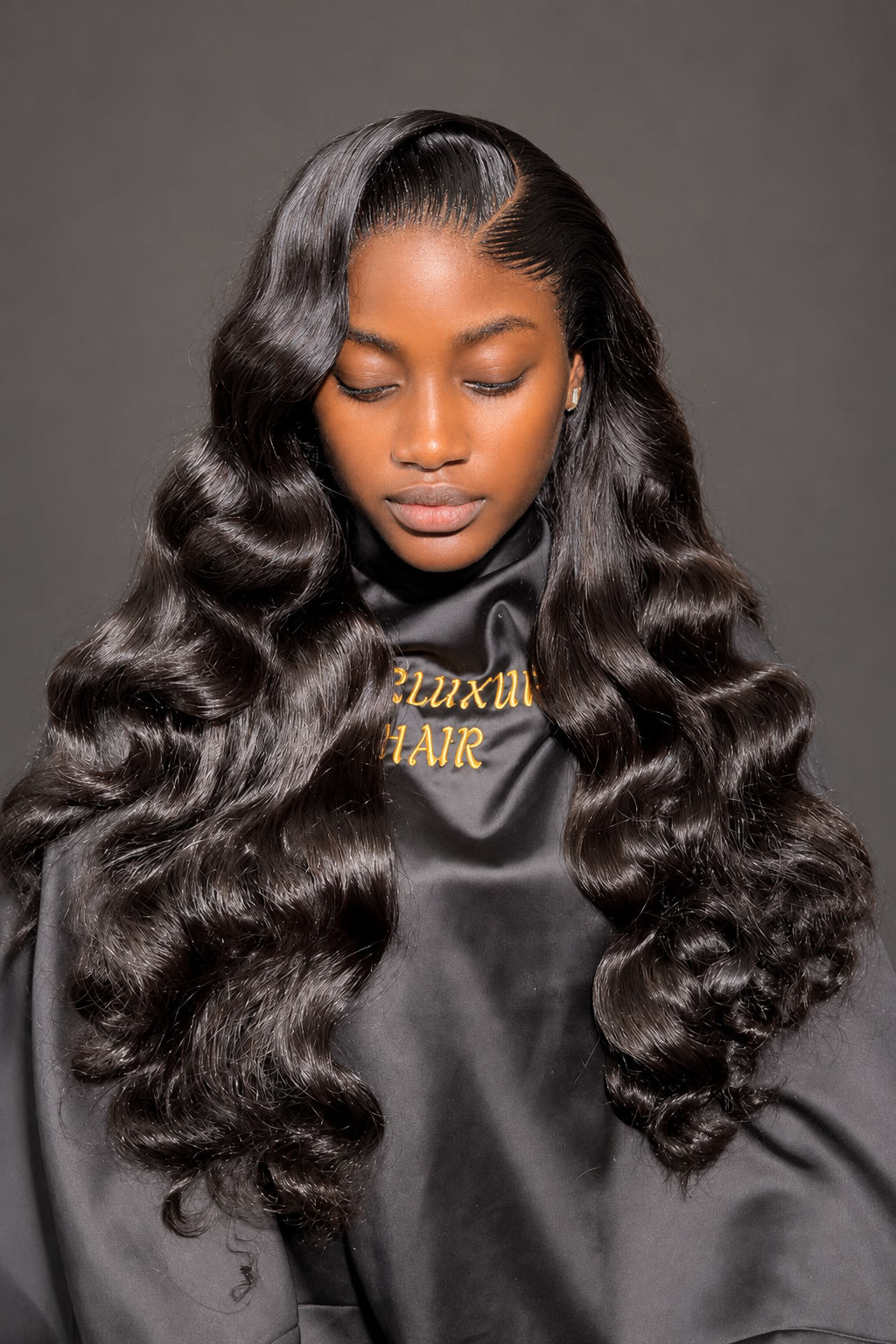 Long black sculpted waves styled by AmarLuxuryHair